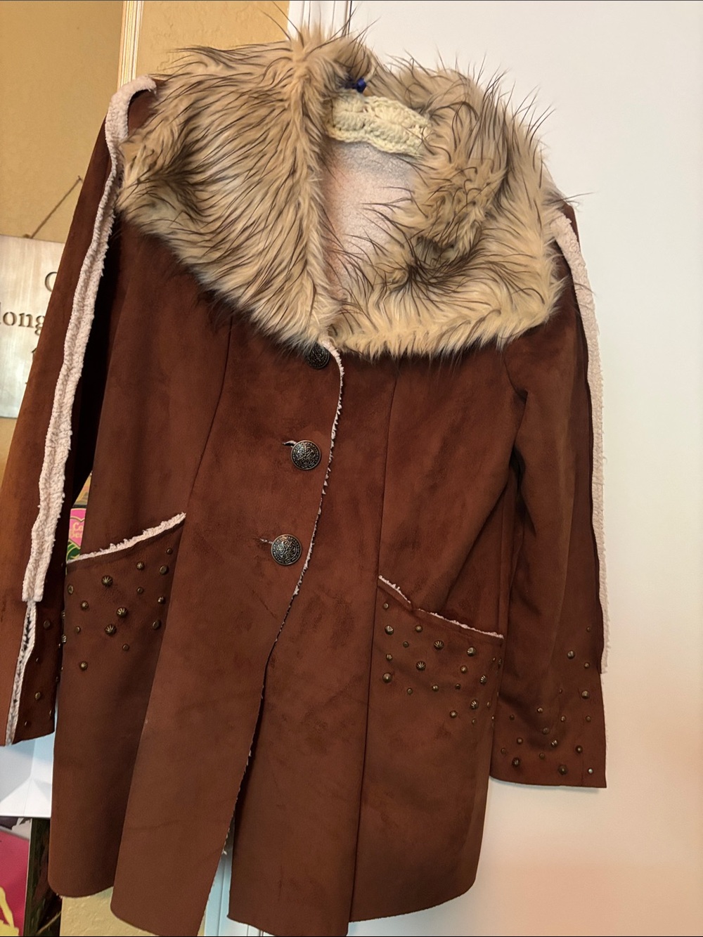 Women’s Brown Faux-Suede Trench Coat with Faux-Fur Collar